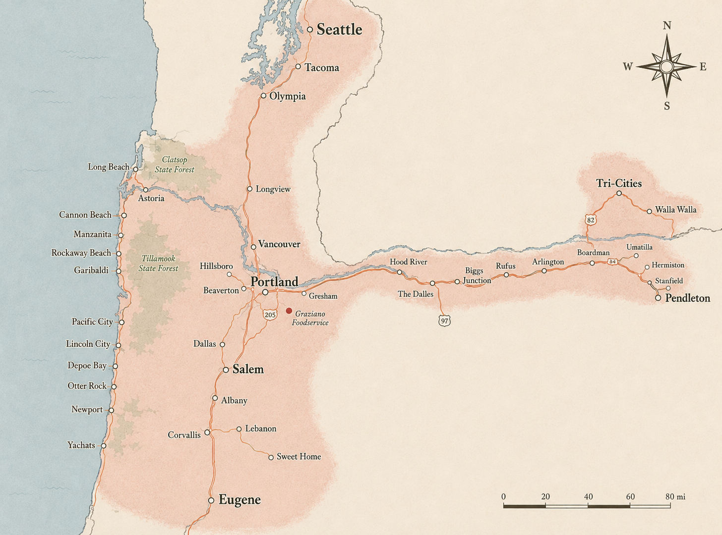 Graziano delivery area covering Oregon and Southwest Washington